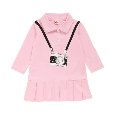 

Kucnuzki 6 Months Baby Girl Winter Dress Causal Dress 9 Months Baby Girl Long Sleeve Camera Prints Lapel Dress Pink
