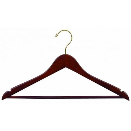 Brass Glass Hanger (Wood Suit Hanger w/ Solid Wood Bar, Box of 100 Space Saving 17 Inch Flat Wooden Hangers w/ Walnut Finish & Brass Swivel Hook & Notches for Shirt Dress or)