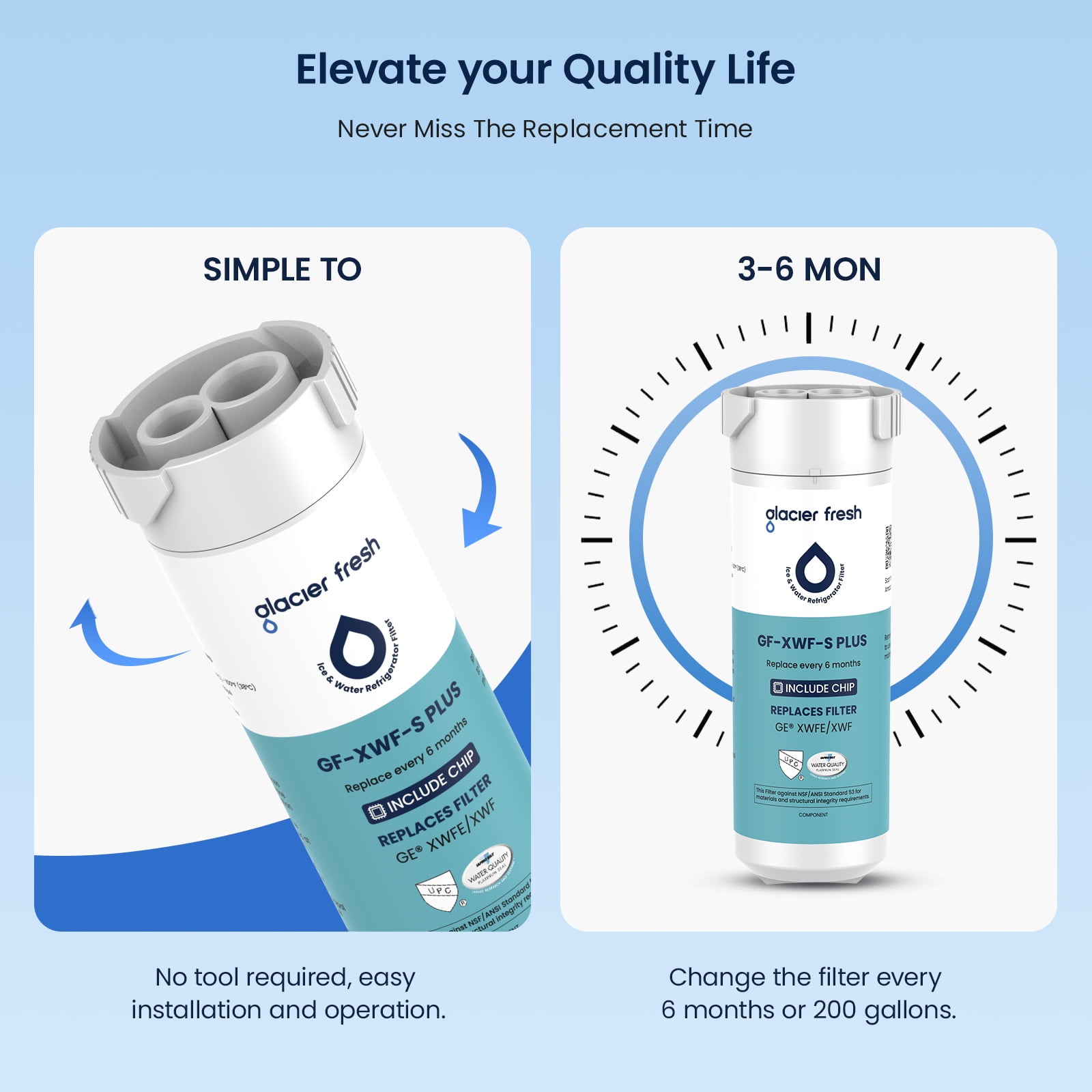 Glacier Fresh XWFE Water Filter(Built-in CHIP), Replacement for GE XWFE, XWF Refrigerator Water Filter, NSF/ANSI 53 Certification, 3 Pack