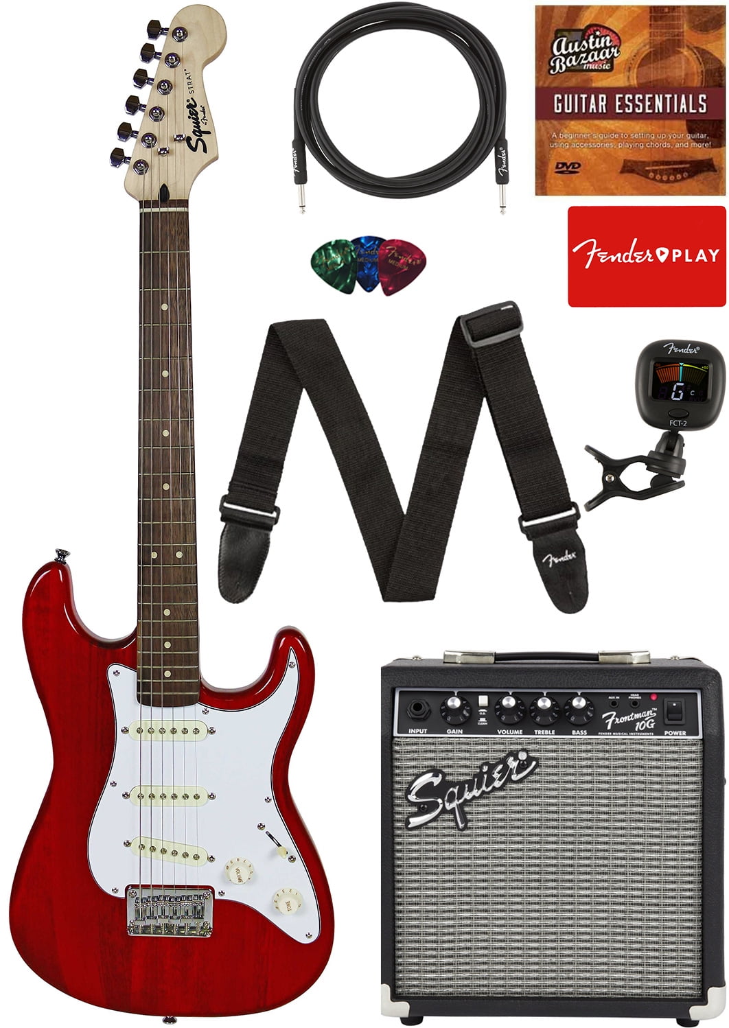 Cable Strap Squier by Fender Short Scale Stratocaster Pack with Frontman 10G Amp Renewed and Picks - Red