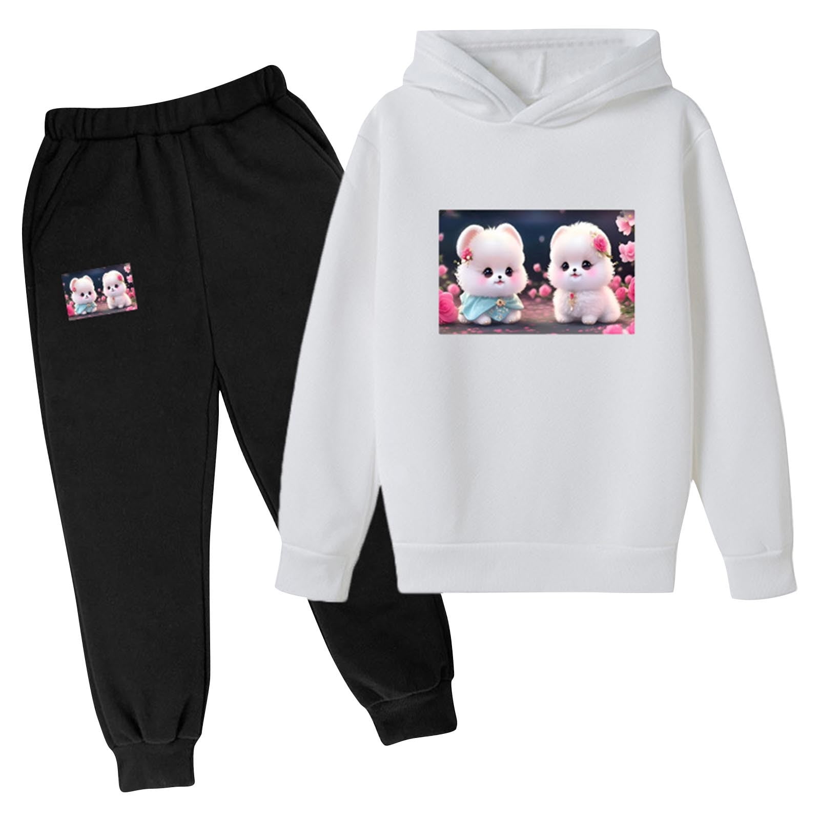 Zwiiyzr 3-10Y Infant Toddler Baby Boy Girl Clothes Solid Color Printed Long Sleeve Hoodies Jogger Pants Set 2Pcs Fall Winter Matching Outfit White