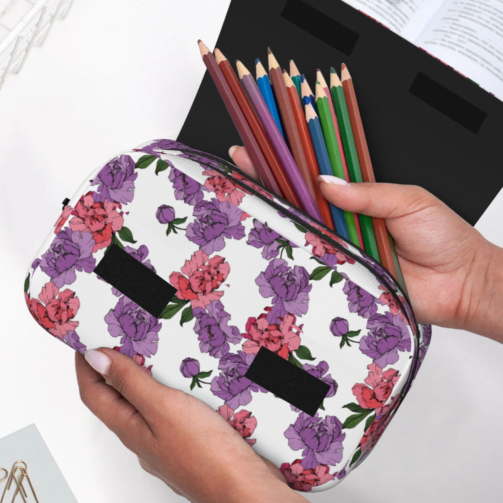 Rateoe Peonies Pattern Double Clamshell Pen Case, Storage Organizer with Two Zipper Compartments– Holds Up to 50 Pencils & Pens