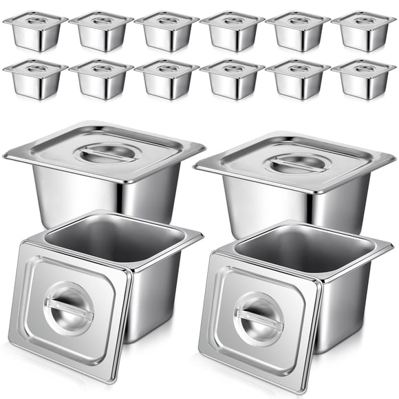 Rtteri 16 Pack 1/6 Stainless Steel Pans with Lid and 2 Tongs, 4 Spoons 4 Inch Deep Hotel Pans Catering Food Storage Containers for Commercial Steam T