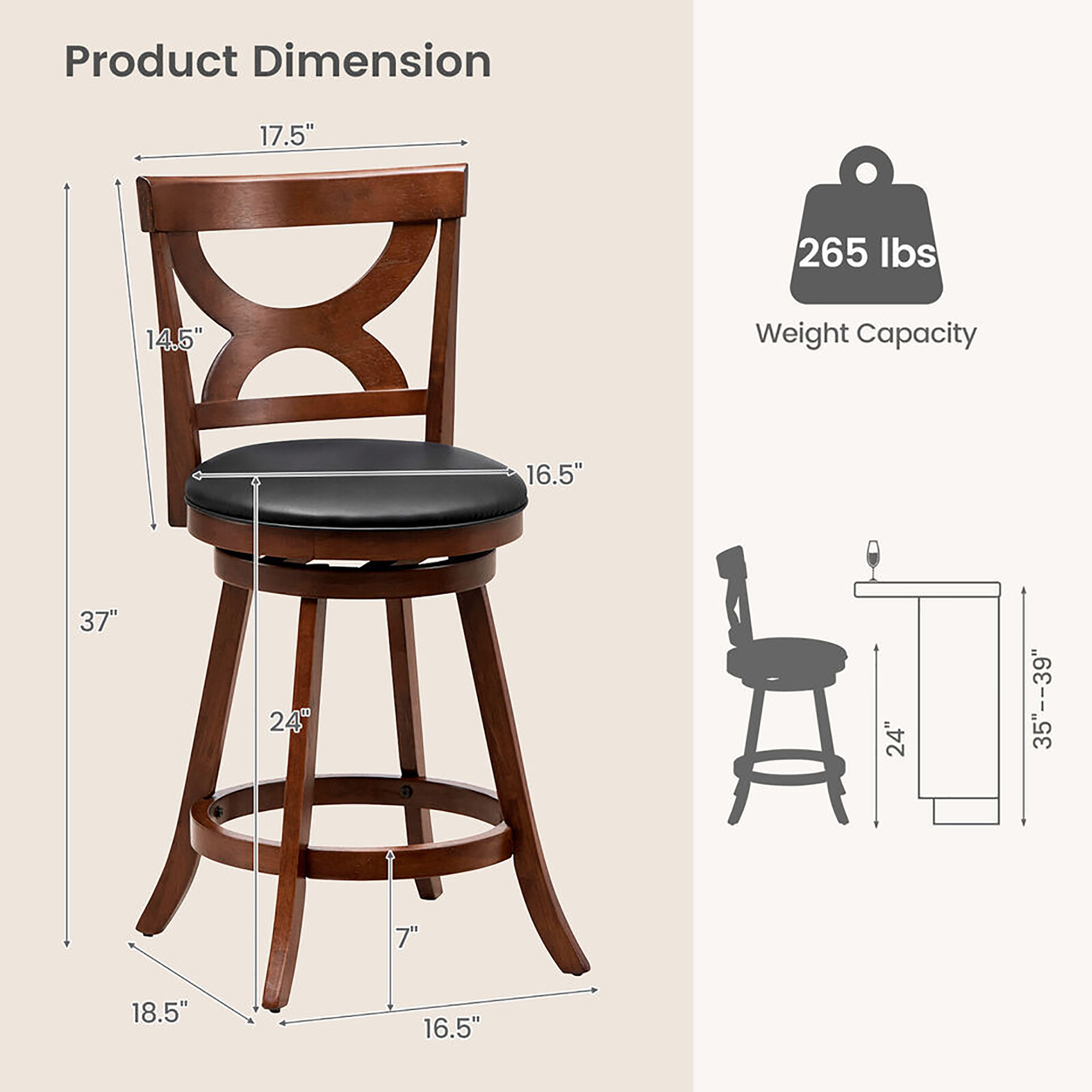 Gymax 2pcs 24'' Bar Stools 360° Swivel Counter Height w/ PVC Leather Cushioned Seat