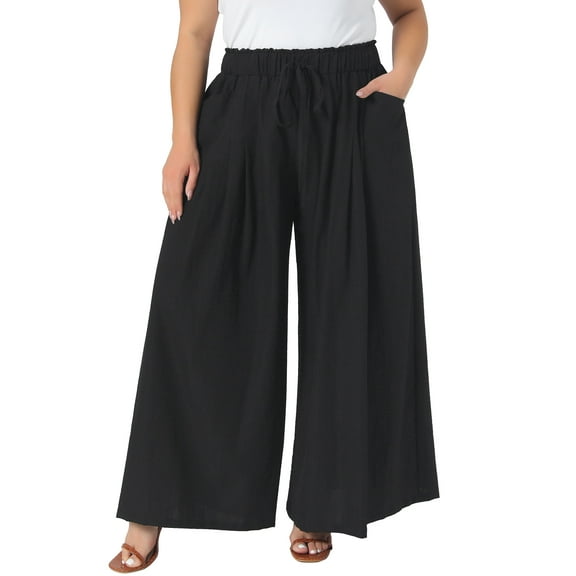 Agnes Orinda Women's Plus Size Pants Tie Knot Adjustable High Waist Wide Lightweight Leg Palazzo Casual Summer Trousers with Pockets 1X Black