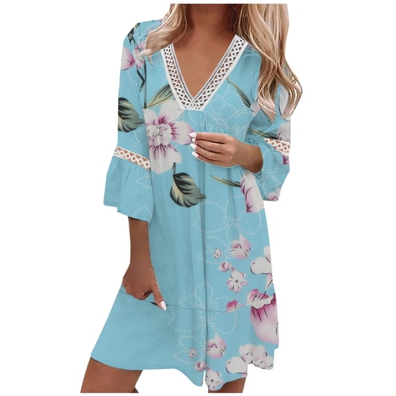 Casual Dresses for Women Summer Cute Bell Half Sleeve Baby Doll Dress Hollowed Lace Patchwork V Neck Loose Dress