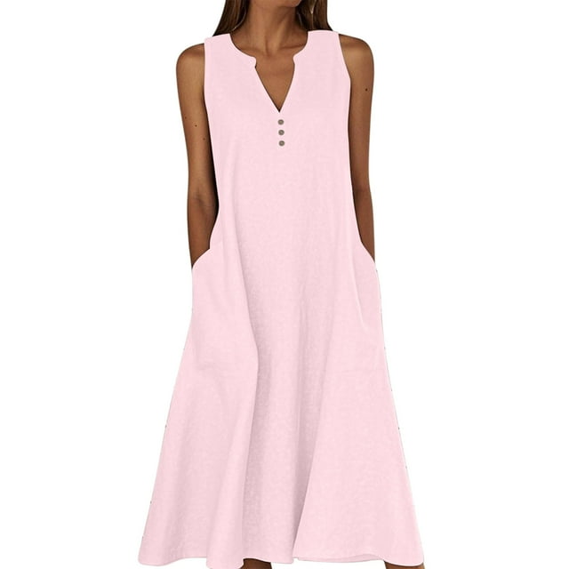 Npasoilc Cotton Linen Tank Dresses for Women Button Decorated V-Neck Flowy Ruffle Hem Dresses with Pockets Lightweight Breathable A-Line Dresses Casual Loose Beach Dresses