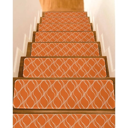 Orange Stripes Stair Treads for Wooden Steps Indoor Runner Rug Carpet Simple Geometric Modern Monochrome 7 Pieces Peel and Stick Staircase Step Treads Covers Washable Throw Door Mats 30 x8