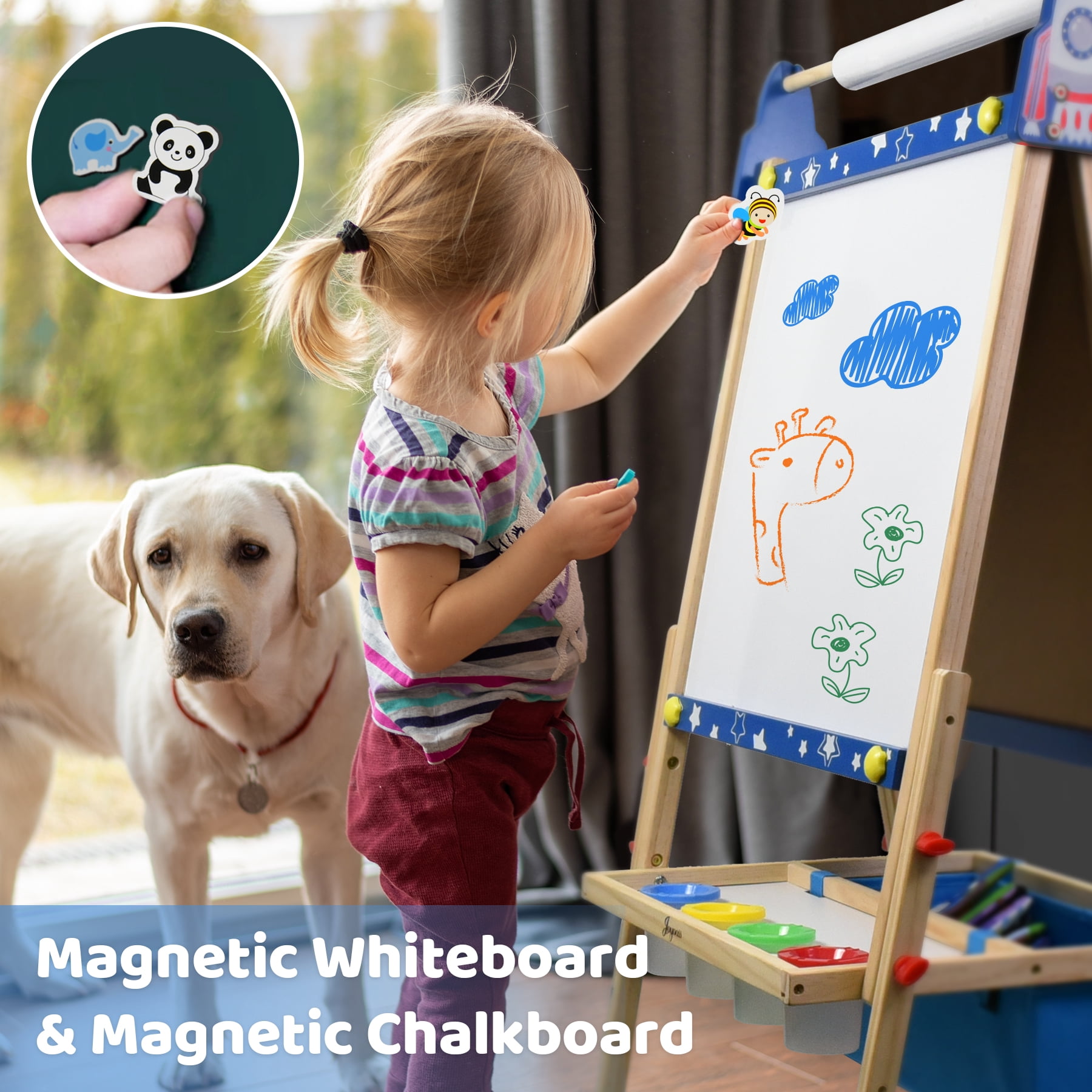 Joyooss Kids Adjustable Standing Art Easel with Magnetic Whiteboard & Chalkboard