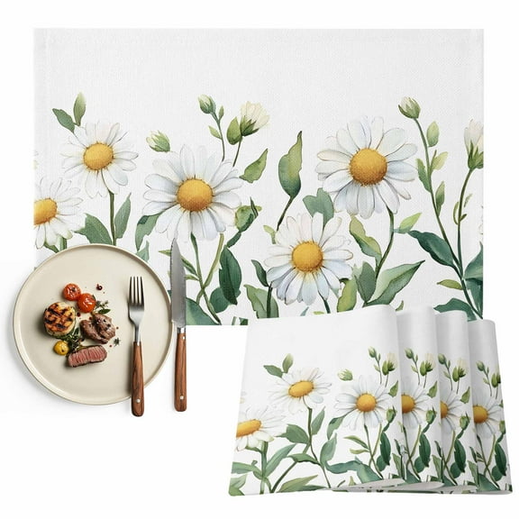 White Daisy Flower Placemats Set of 2, Watercolor Wildflower Table Mats Washable Heat-Resistant Non-Slip Place Mats for Kitchen Dinner Table Indoor Outdoor Decor,13x19 Inch