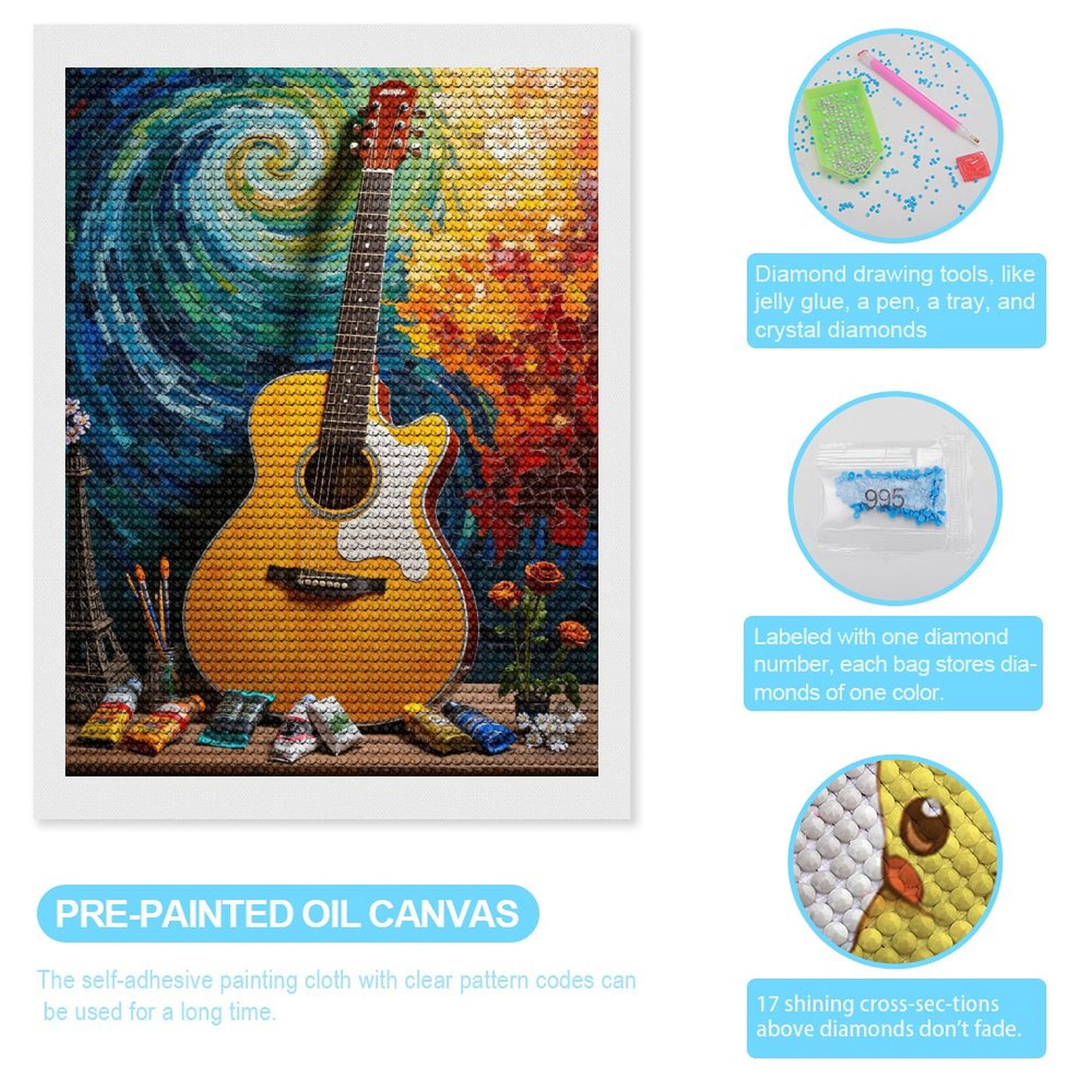 Diamond Art Kit for Adults, Guitar Mosaic Art Colors Creativity Diamond Painting for Adults Beginners, 5D DIY Diamond Art Painting Kits, Colorful Diamond Painting Craft for Home Decor 12x16