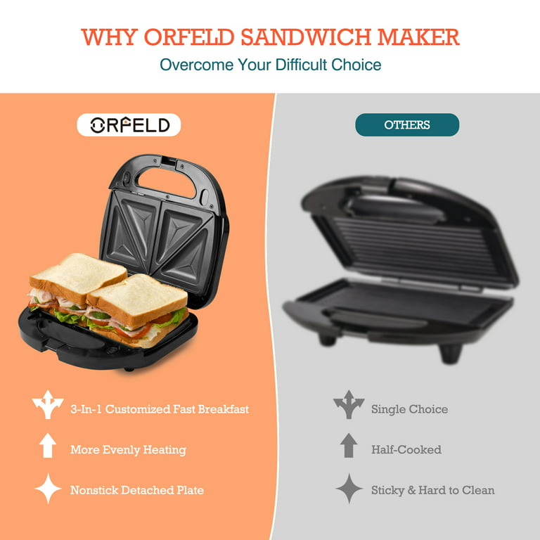 ORFELD Sandwich Maker, Panini Press Grill, 750 Watt 3 In 1 Waffle Maker  Detachable Non-Stick Coating with Led Indicator Lights