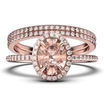 Bridal Ring Set Art Deco 2.50 Carat Oval Cut Morganite And Diamond Moissanite Engagement Ring, Wedding Ring in 10k Solid White Gold, Gift For Her, Gift For Woman, Promise Ring Trio set