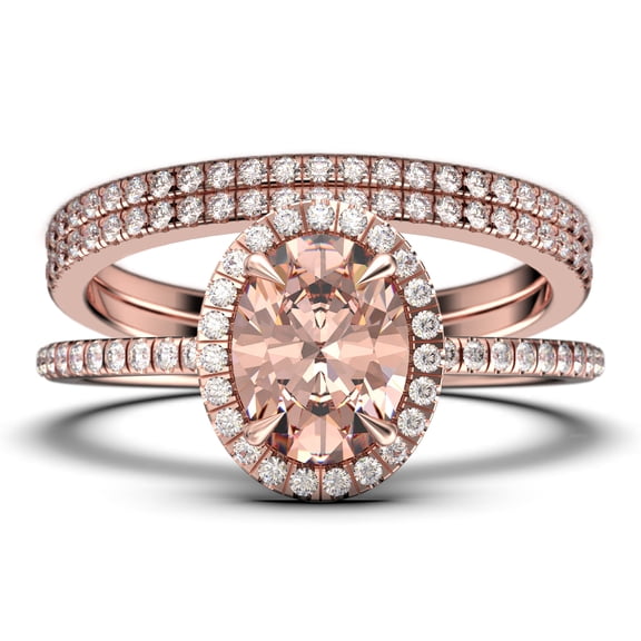 Bridal Ring Set Art Deco 2.50 Carat Oval Cut Morganite And Diamond Moissanite Engagement Ring, Wedding Ring in 925 Sterling Silver With 18k White Gold Plating, Promise Ring,Trio set