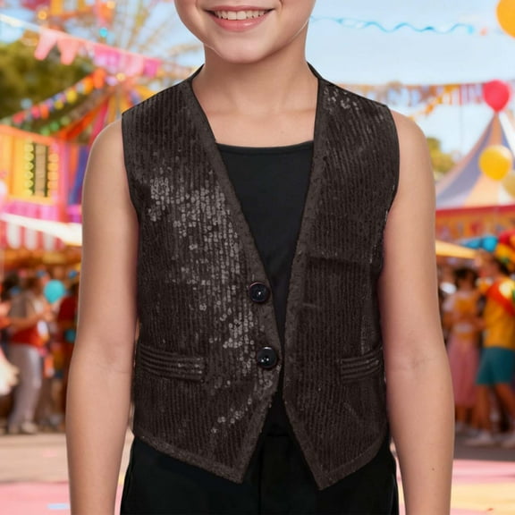 CUZIBR Toddler Basic Tops Carnival Sparkling Sequins Vest V-Neck Sleeveless Button Waistcoat Stage Performance Shiny Glitter Jacket Fashion Outwear Clothing,Black,5-6 Years
