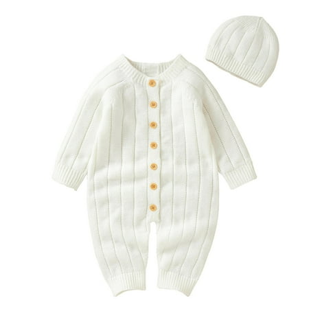 

ZHUASHUM Boy Girl Solid Knitted Sweater Baby Jumpsuit Romper Cotton Caps Outfits Sets Clothes