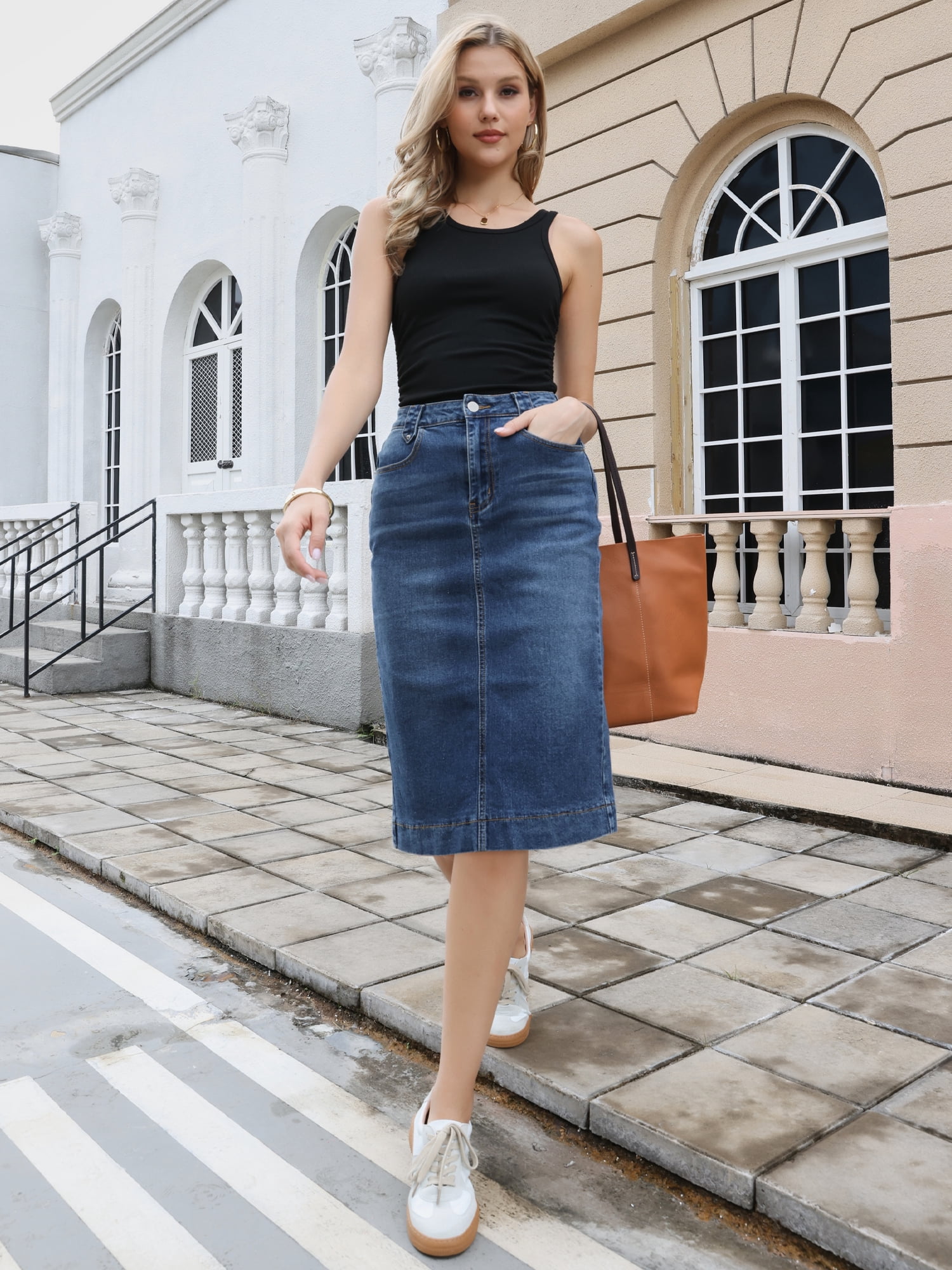 DARING DIVA Women's Split Back Pockets Knee Length Pencil Skirt X-Large Dark Blue