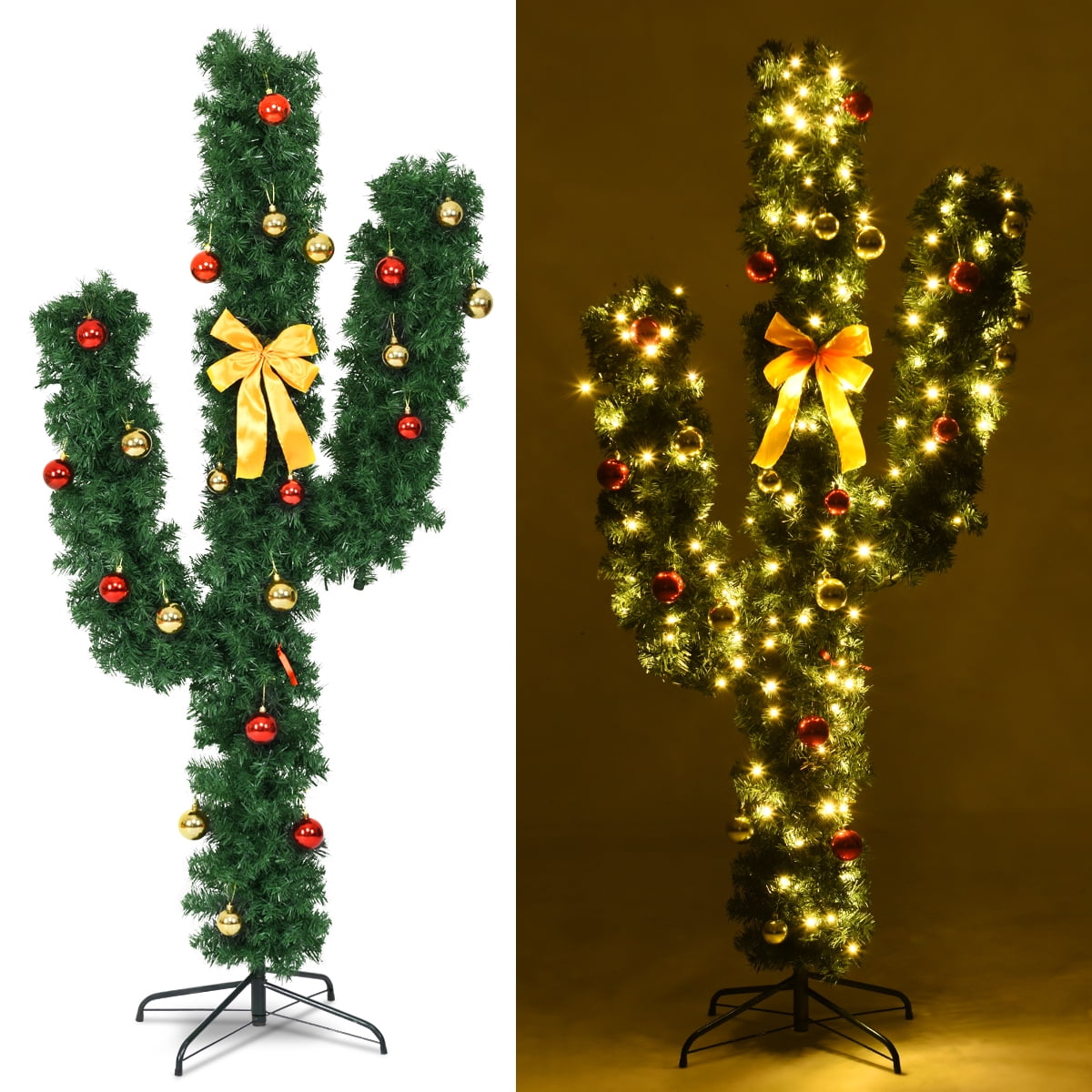 Gymax 6Ft Cactus Artificial Christmas Tree Pre-Lit w/LED Lights and Ball Ornaments