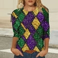 thumbnail image 6 of Mardi Gras Womens Top Striped 3/4 Sleeve Funny Mask Graphic Crew Neck Tee Shirt Loose Fitted Tunic Party Tops Fashion Mardi Gras Clothes 2026, 6 of 7