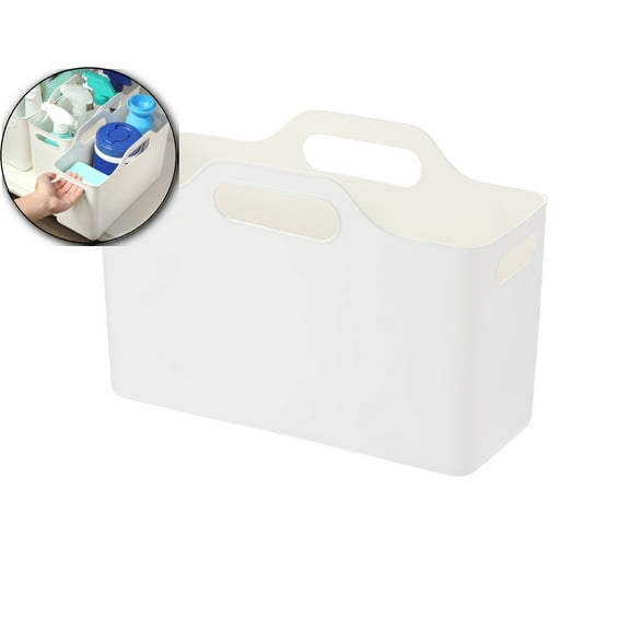 Plastic Storage Basket for Home - White Rectangular Organizer with Handles - Multipurpose Bathroom, Bedroom & Desktop Storage Bin