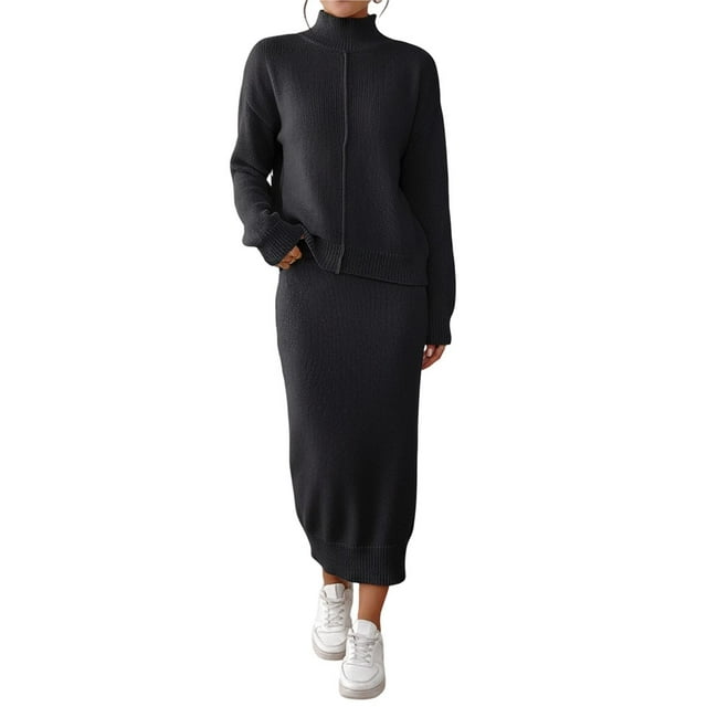 Conjunto de Dos Piezas para Mujer: Suéter y Falda de Punto Top de Punto y Falda Ajustada Negro S