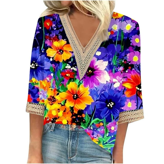 T-shirt pour Femmes à Manches 3/4 et Motif Imprimé, Col Rond, Coupe Décontractée, Violet, Taille g