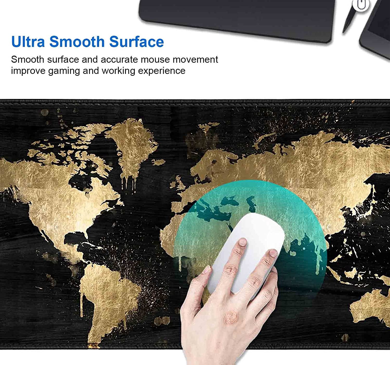 Large Gaming Mouse Pad (35.4x15.7 in),Extended Non-Slip Rubber Base Mousepad with Stitched Edges,Keyboard Mouse Mat Desk Pad for Work,Office,Home - Black and Gold World Map