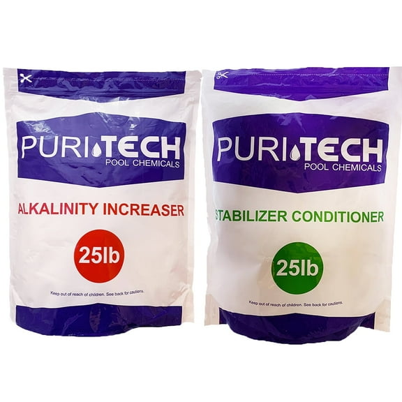 Puri Tech Powder Chemicals 25 lb Alkalinity Increaser & 25 lb Stabilizer Conditioner for Pool & Spa