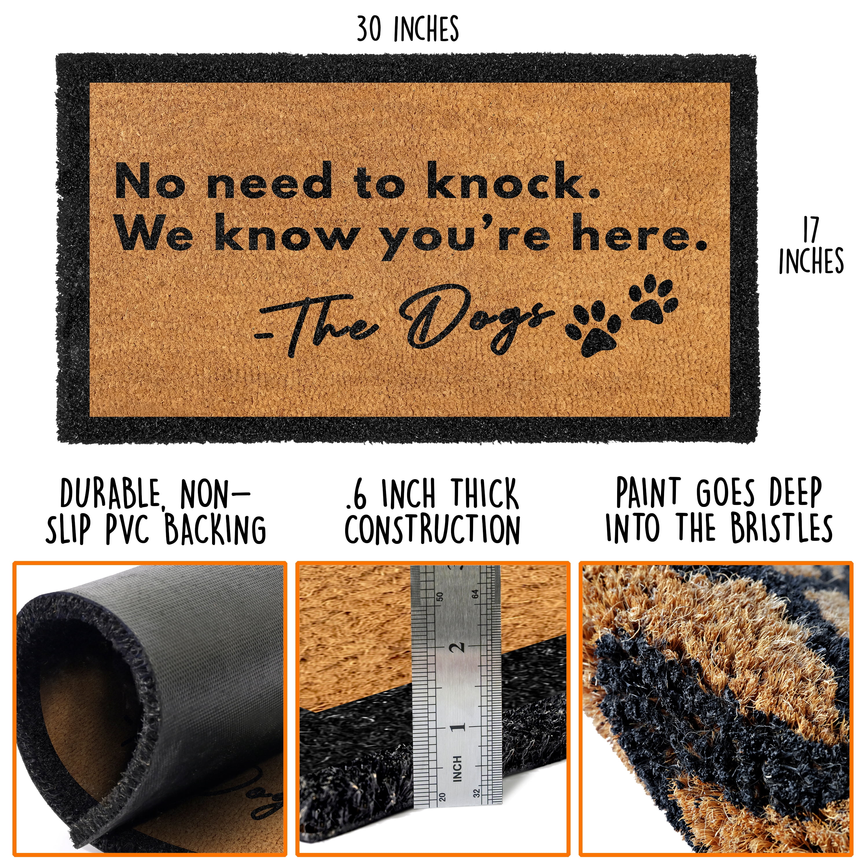 MAINEVENT No Need to Knock Doormat 30x17 Inch, Funny Dog Outdoor Welcome Mat for Outside