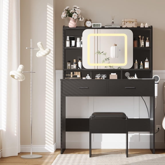 BouPower 40" Vanity Table and Chair Set with LED Lighted Mirror, Modern Makeup Vanity Desk with 2 Drawers, Storage Shelves & Charging Station, White Vanity Set with Stool for Bedroom Women & Girls