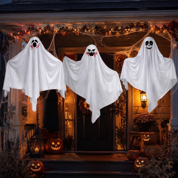 VETPW 3 Pack Halloween Hanging Ghosts, 27.5inch Cute Flying Ghost for Halloween Outdoor Decorations Indoor & Outdoor, Party Decor, Front Yard, Porch, Patio, Lawn, Garden Trees and Wreath