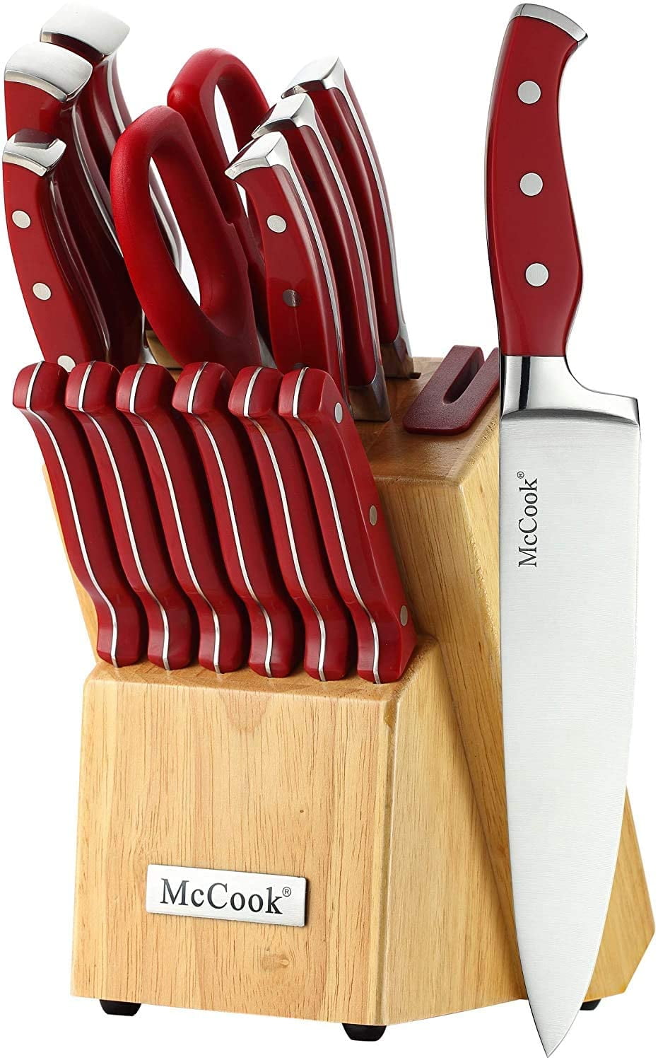 McCook MC24 15 Pieces Stainless Steel Kitchen Knife Sets with Wooden Block, Kitchen Scissors and Built-in Sharpener, Red
