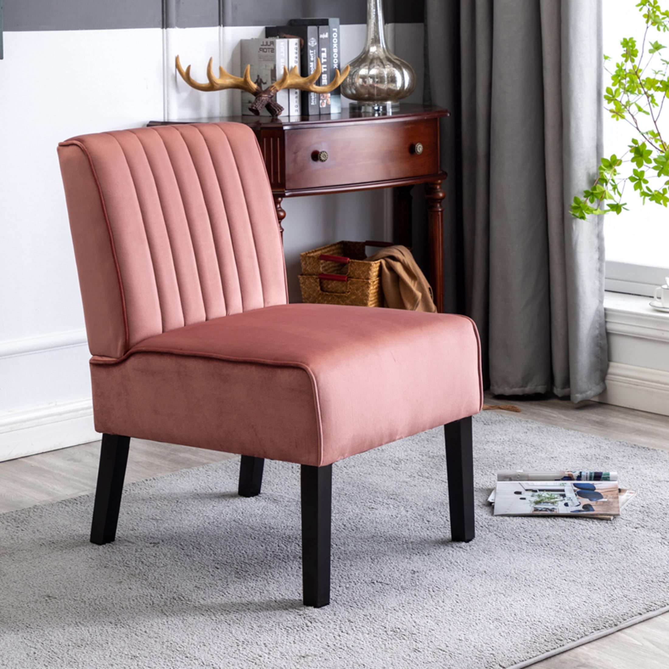 GDF Studio 29.5" Mid-Century Modern Accent Chairs Set of 2 with Channel Tufted Velvet Upholstery, Rose