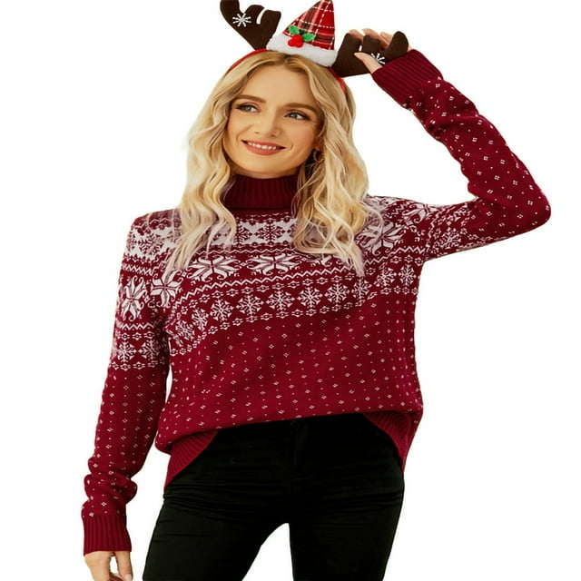 Chandail de Noël Laid pour Femmes Flocon de Neige Décontracté Coupe Ample Manches Longues Col Rond Tricot Chandail Molletonné pour l'Automne Bleu P