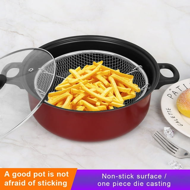 Baohd Deep Fry Pot with Lid Apartment Stainless Steel Fries Fryer Mesh Basket Nonstick Pots Chip Pan Cooking Tool Cookware 24cm 0.3mm