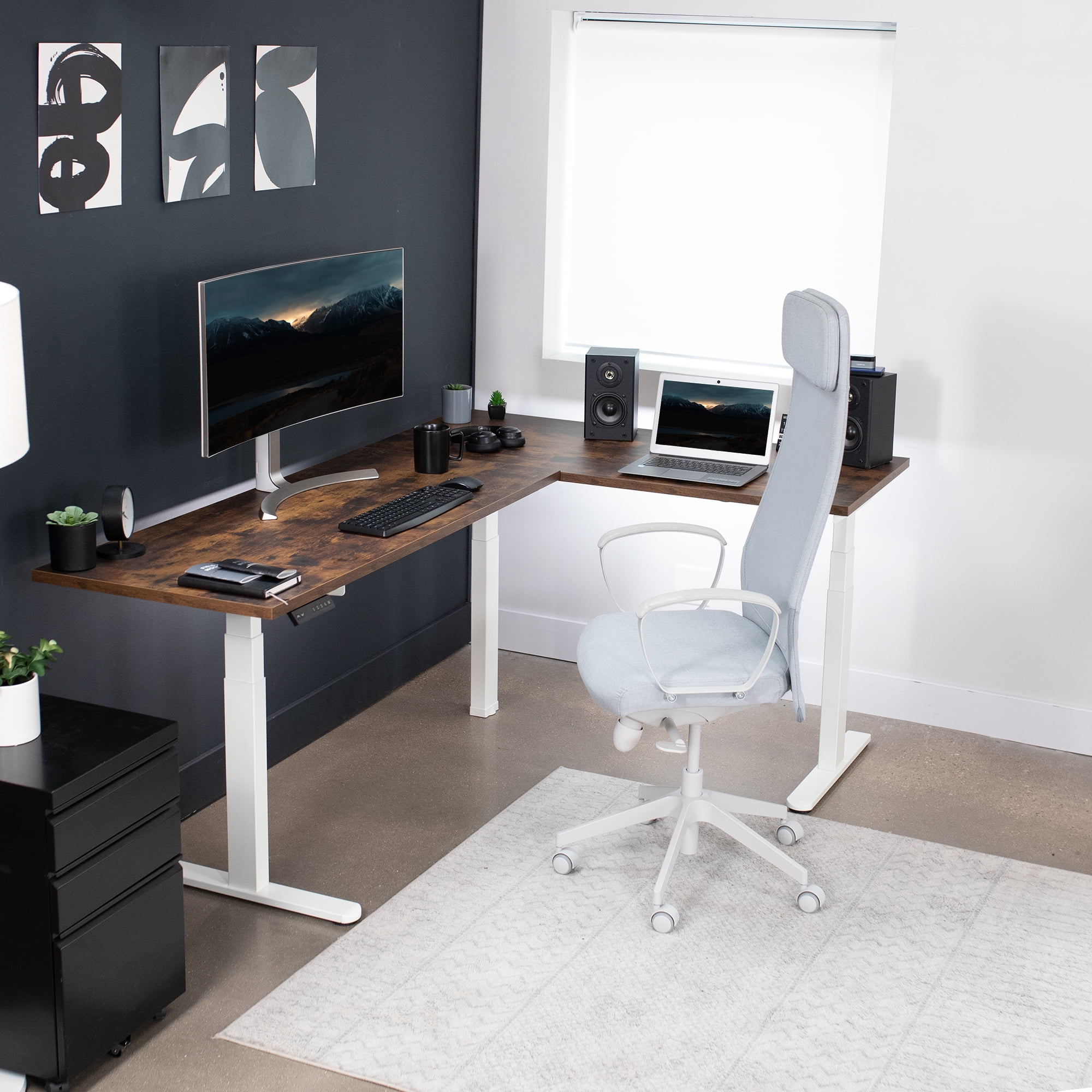 VIVO White Electric Motor Height Adjustable Corner 3 Leg Standing Desk Frame