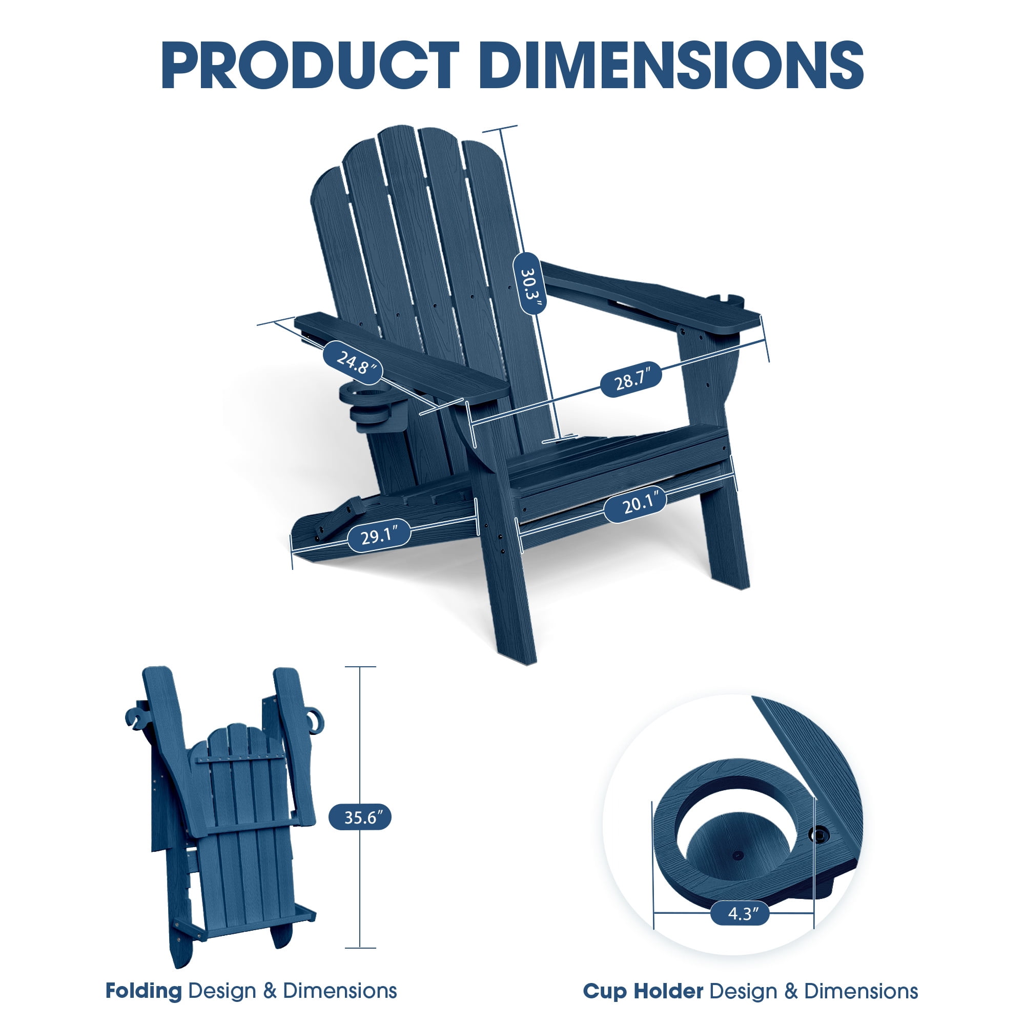 Folding Adirondack Chair, All-Weather HDPE Plastic Patio Fire Pit Chair, Navy
