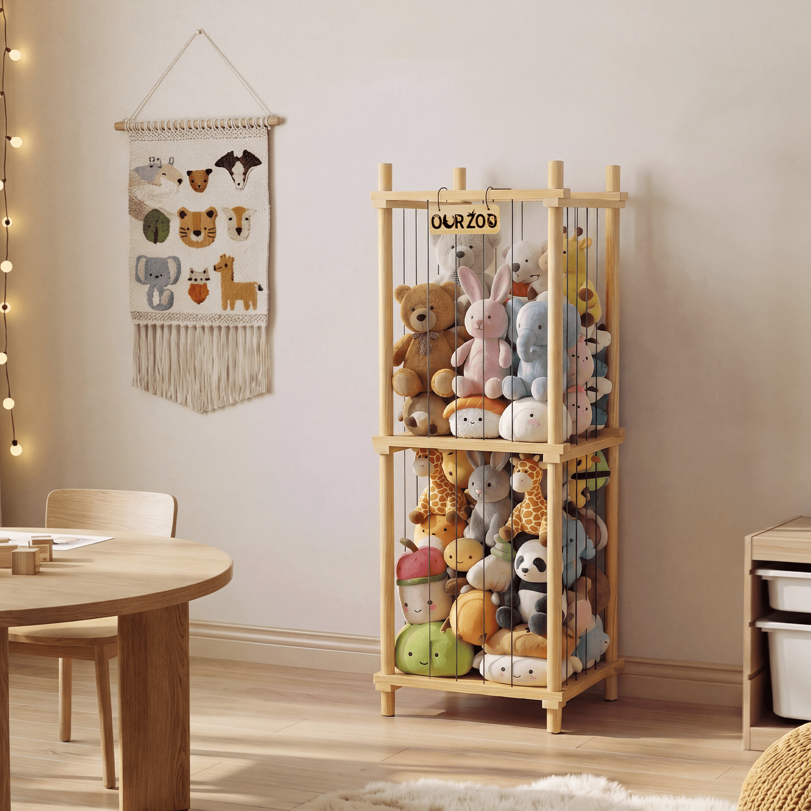 Stuffed Animal Zoo Storage Cage, 41'' Extra Large Toy Storage Bin Display for Kids Room, Playroom, Plushies, Stuffy, Toys Organizer Holder Basket, Wood