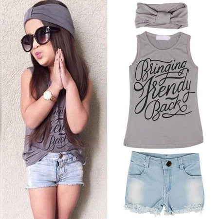 - 3Pc Kids Baby Girl Sleeveless T-Shirt Top+Floral Denim Shorts Outfits