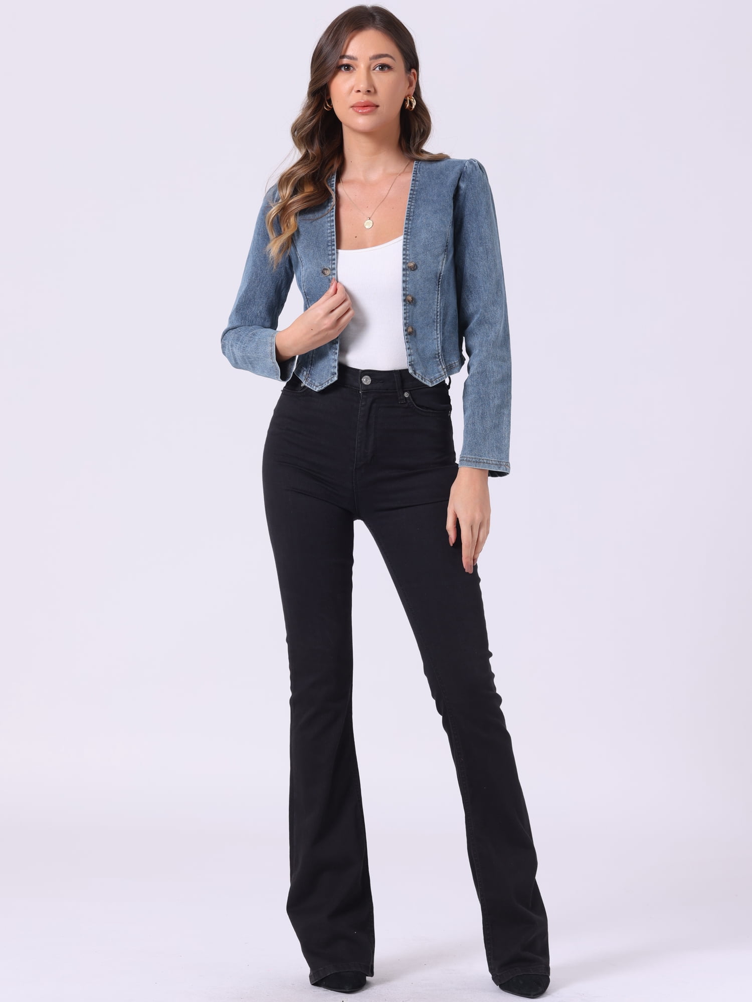 DARING DIVA Women's Denim Cropped Jacket Open Front Collarless Bolero Shrug XS Dusty Blue