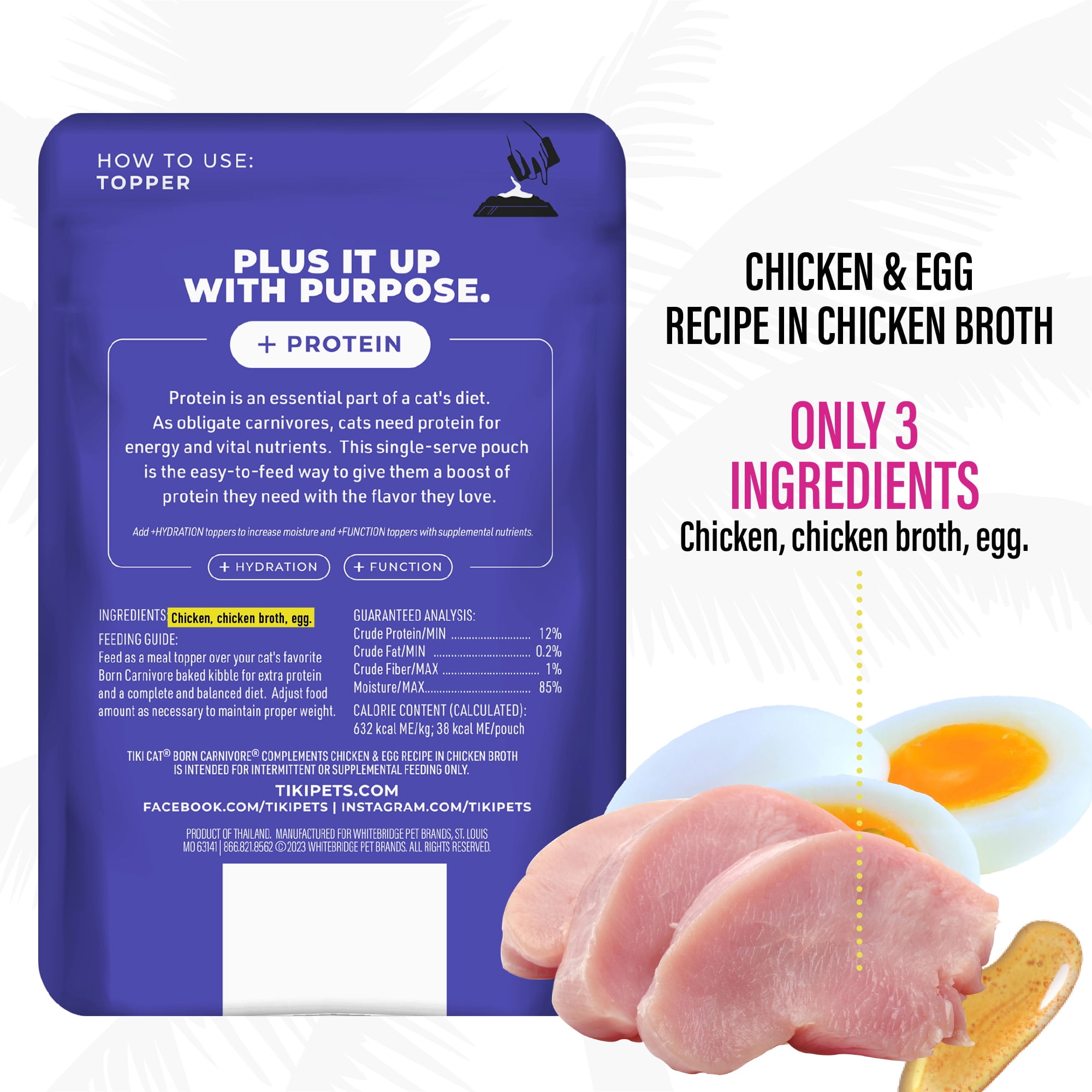 (12 pack) Tiki Cat Born Carnivore Complements Wet Cat Food Topper, Chicken & Egg 2.1 oz. Pouch