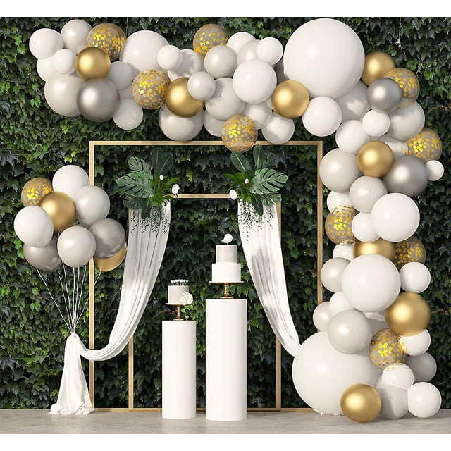 Kit de arco de guirnalda de globos blancos de 136 piezas, juego de globos de látex metálicos con confeti plateado y dorado blanco para cumpleaños, Baby Shower, decoración de fiesta de aniversario