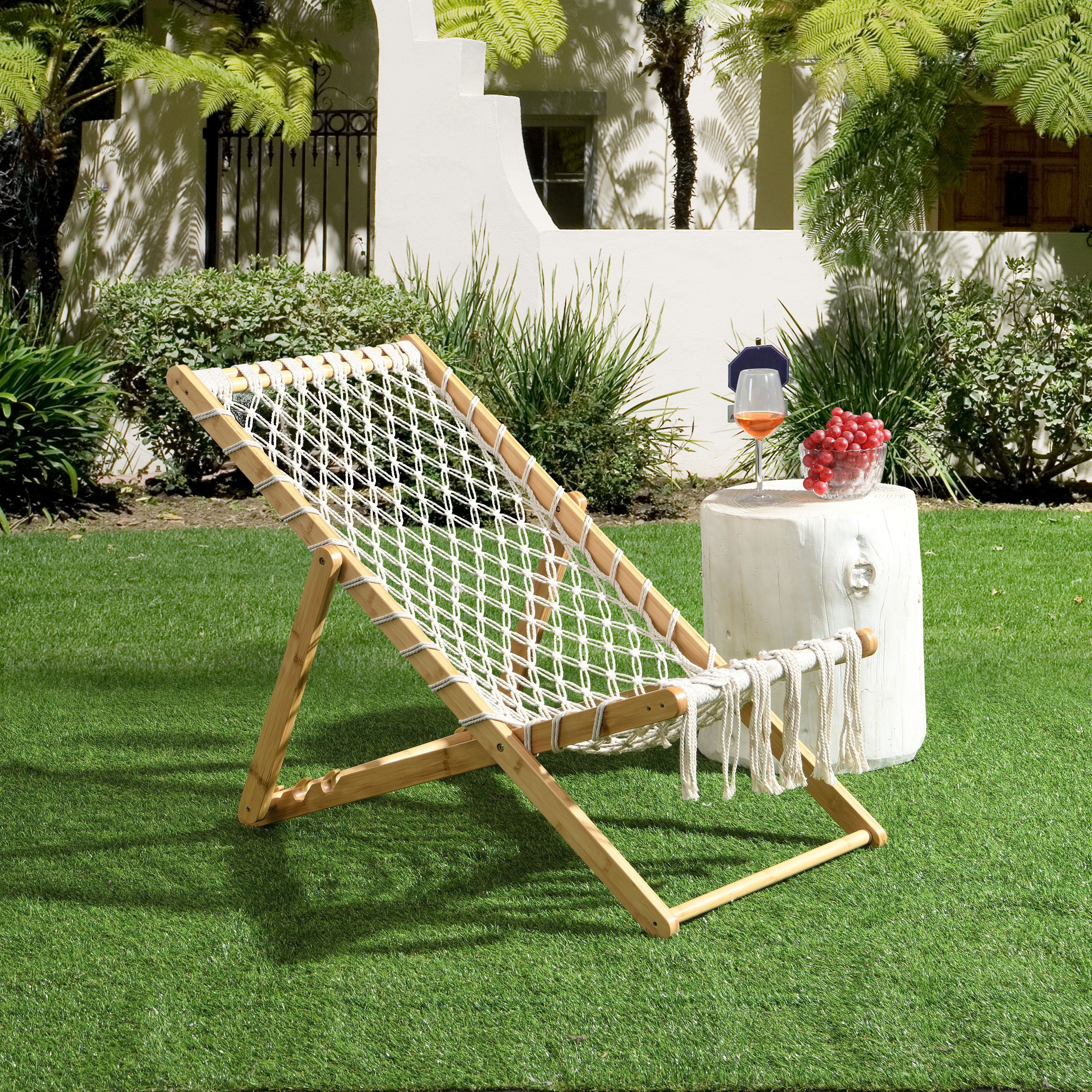 Set of 2 Adjustable Weaving Lounge Chairs, Hand‑Braided Polyester Rope Patio Chairs with Bamboo Frame, 3‑Position Reclining Outdoor Chairs for Garden Balcony Living Room Poolside