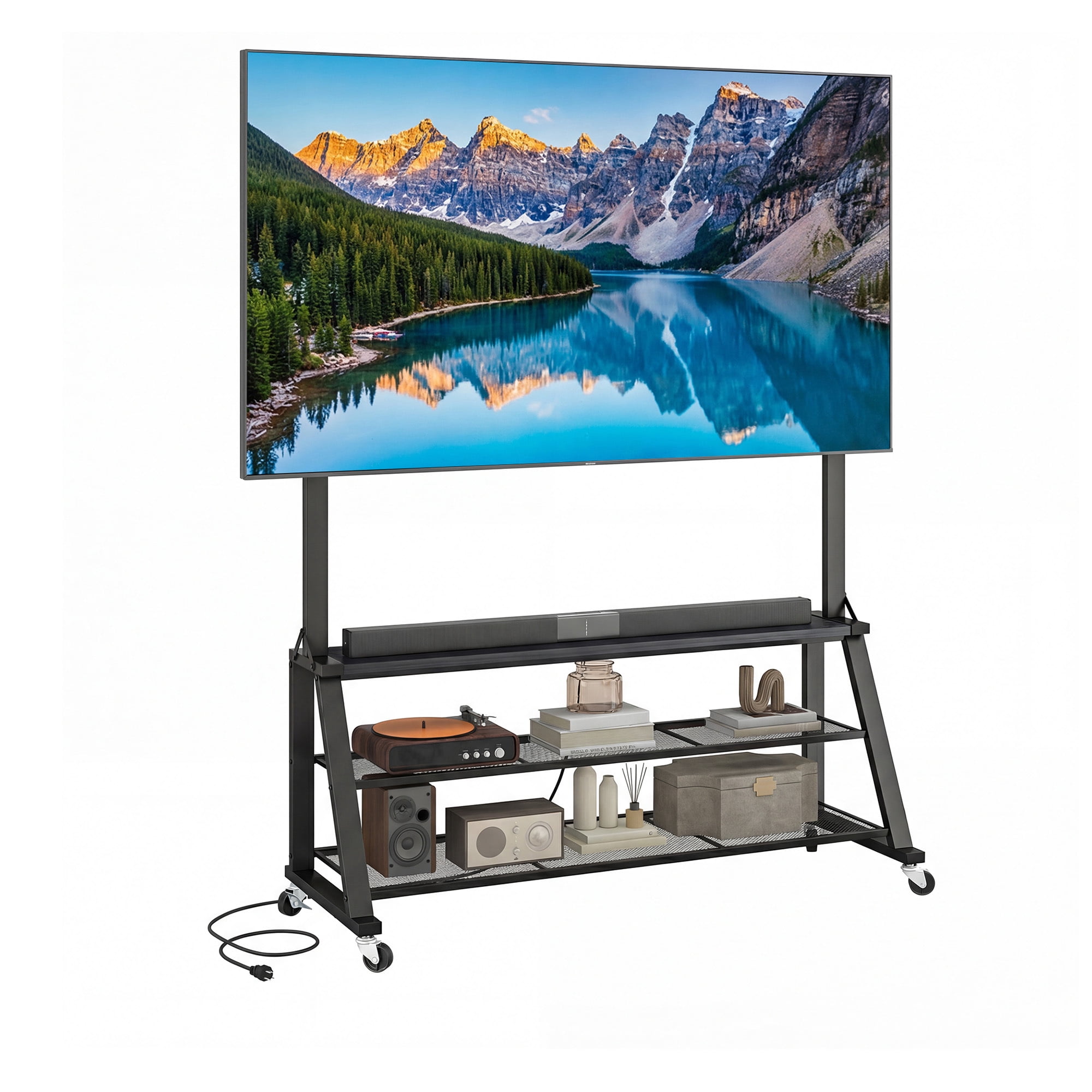 Uforic 46"W Rolling TV Stand with Lockable Wheels & Power Outlets, Mobile Cart for 32-75 Inch TVs, Black Oak