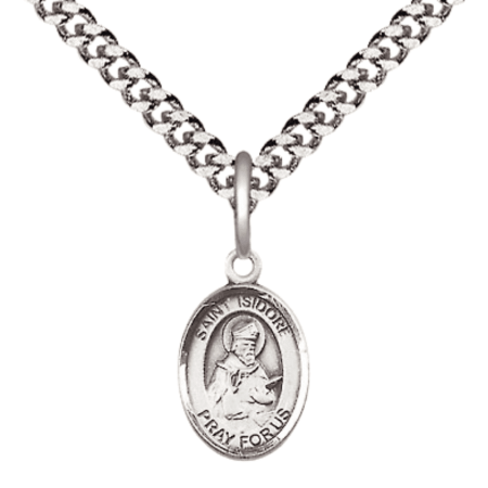 .925 Sterling Silver Saint Isidore of Seville Medal Pendant on 24 Inch Endless Rhodium Plated Heavy Curb Brass Chain, Catholic Religious Necklace -Made in USA- Deluxe Velvet Gift Box