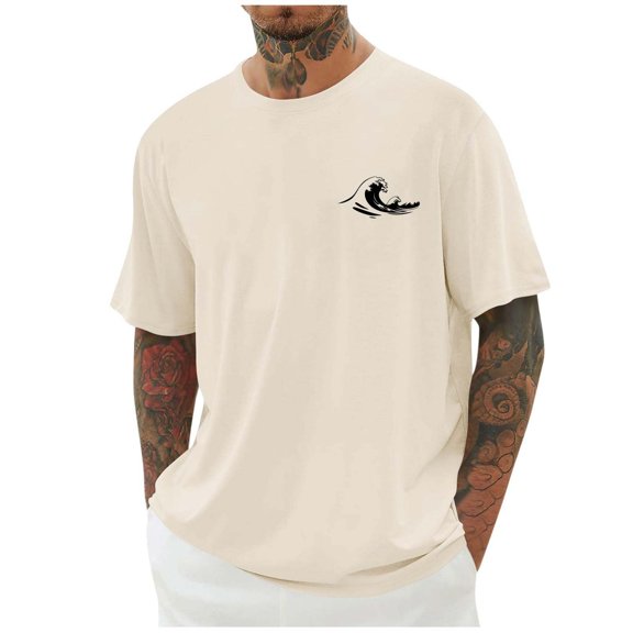 Summer Mens Graphic Print T Shirts Lightweight Ocean Print Crew Neck Short Sleeve Casual Tee Beige L