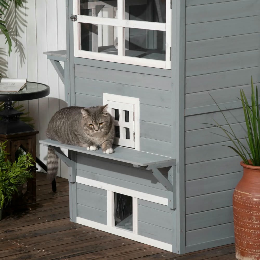 GVN Cat Catio Enclosure, Cat Cage House,Outdoor Cat House, 3-Tier Kitty Shelter with 5 Escape Doors, Gray & White