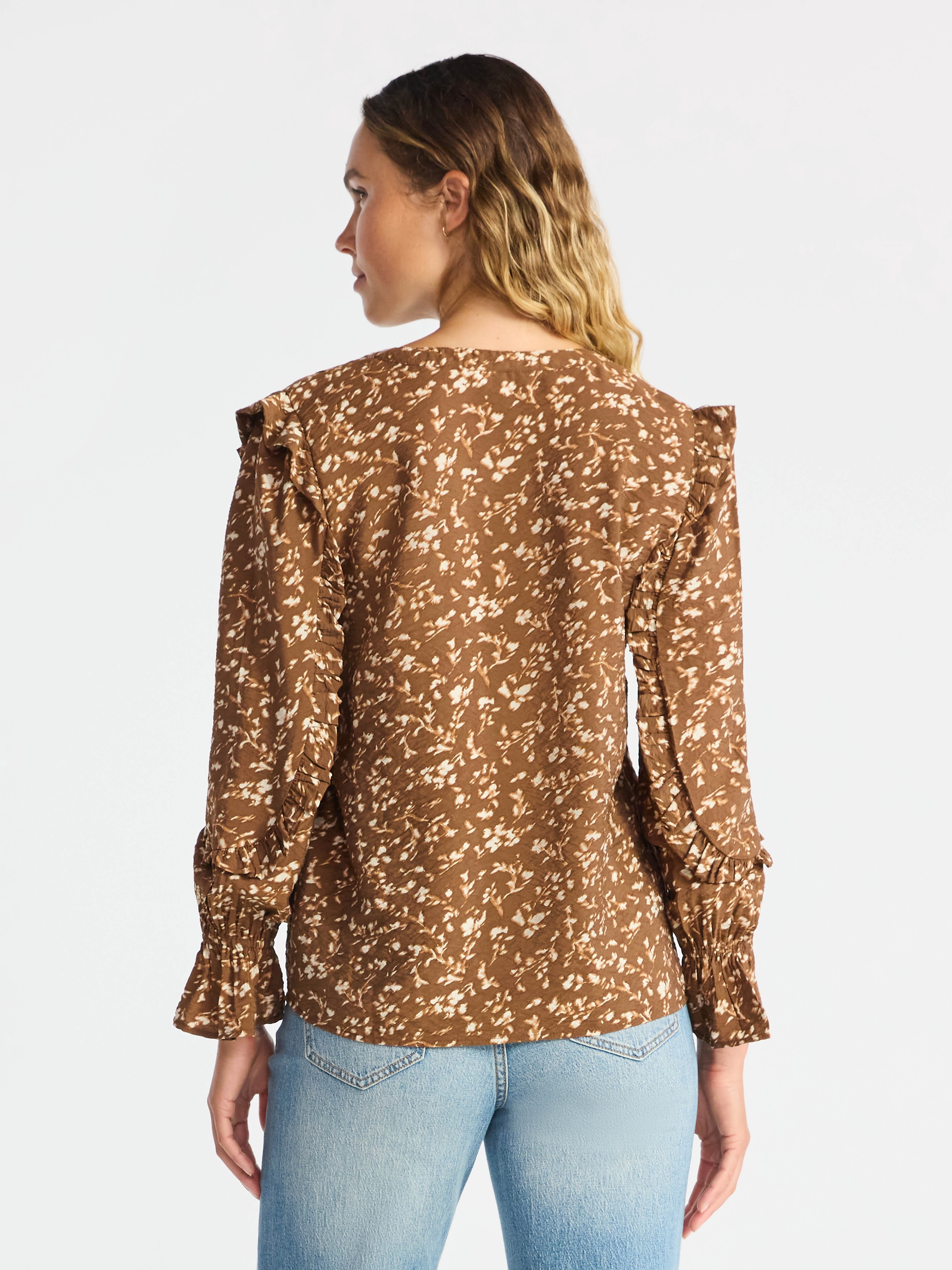 Time and Tru Women's Pintuck Ruffle Blouse with Long Sleeves, Sizes XS – XXXL
