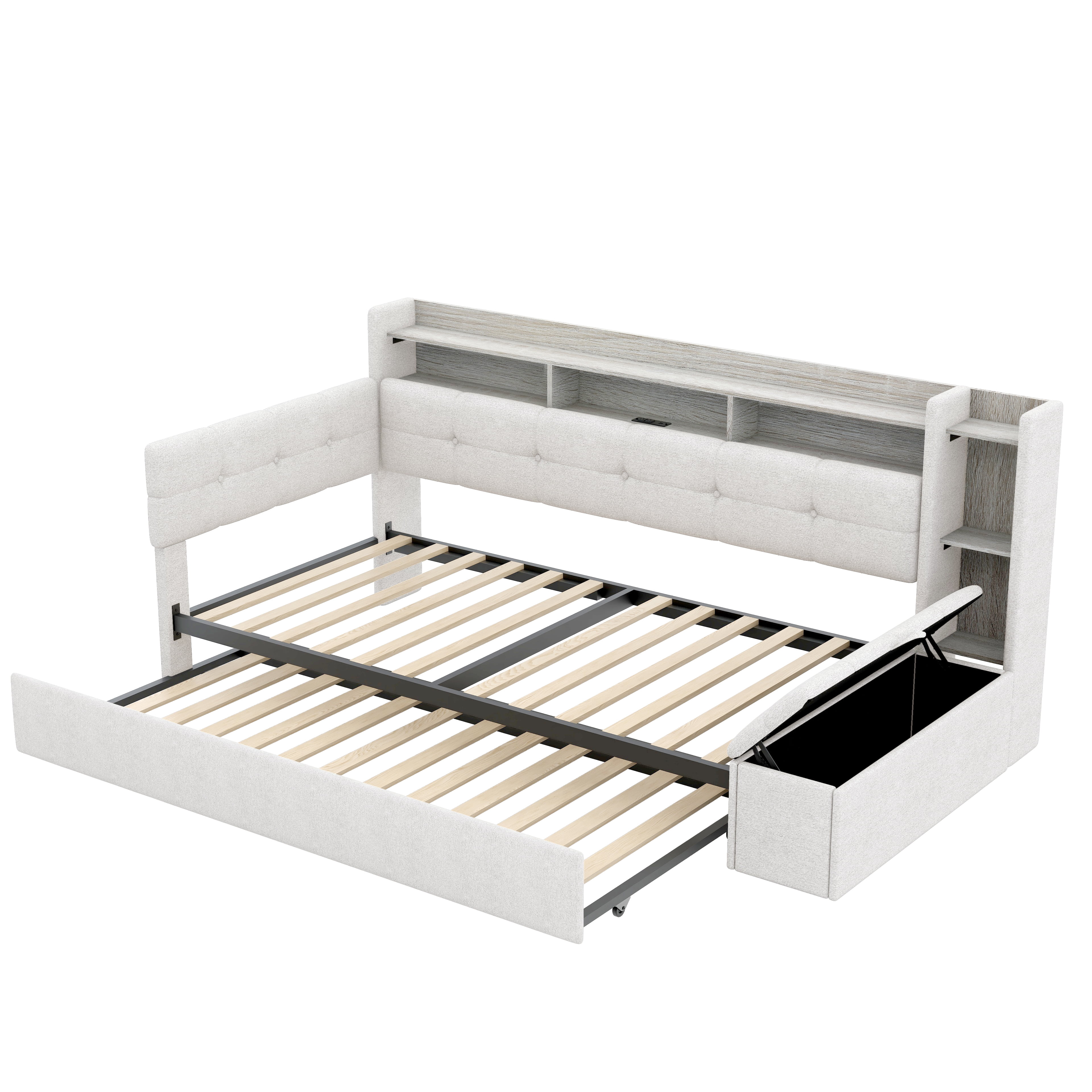 Euroco Upholstery Twin Size Daybed with Trundle, Storage Sofa Bed with Footstool and Shelves, LED Light and USB Charging, Beige