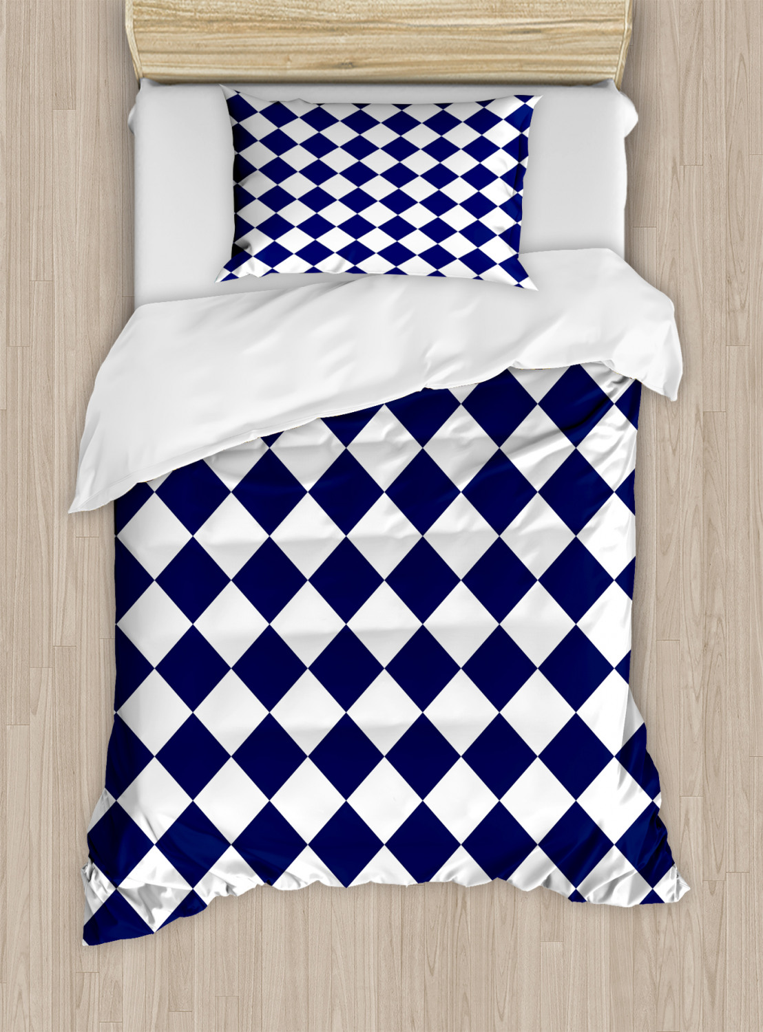 Blue Duvet Cover Set, Classical Old Fashioned Checkered Pattern Geometric Diagonal Skewed